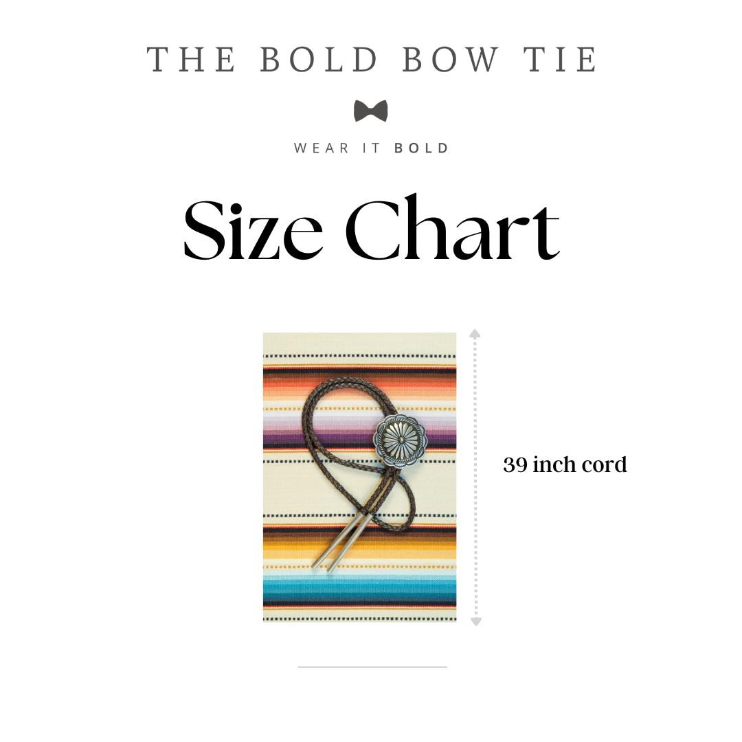 Size chart for 'The Bold Bow Tie' with a bow tie on a colorful striped background.