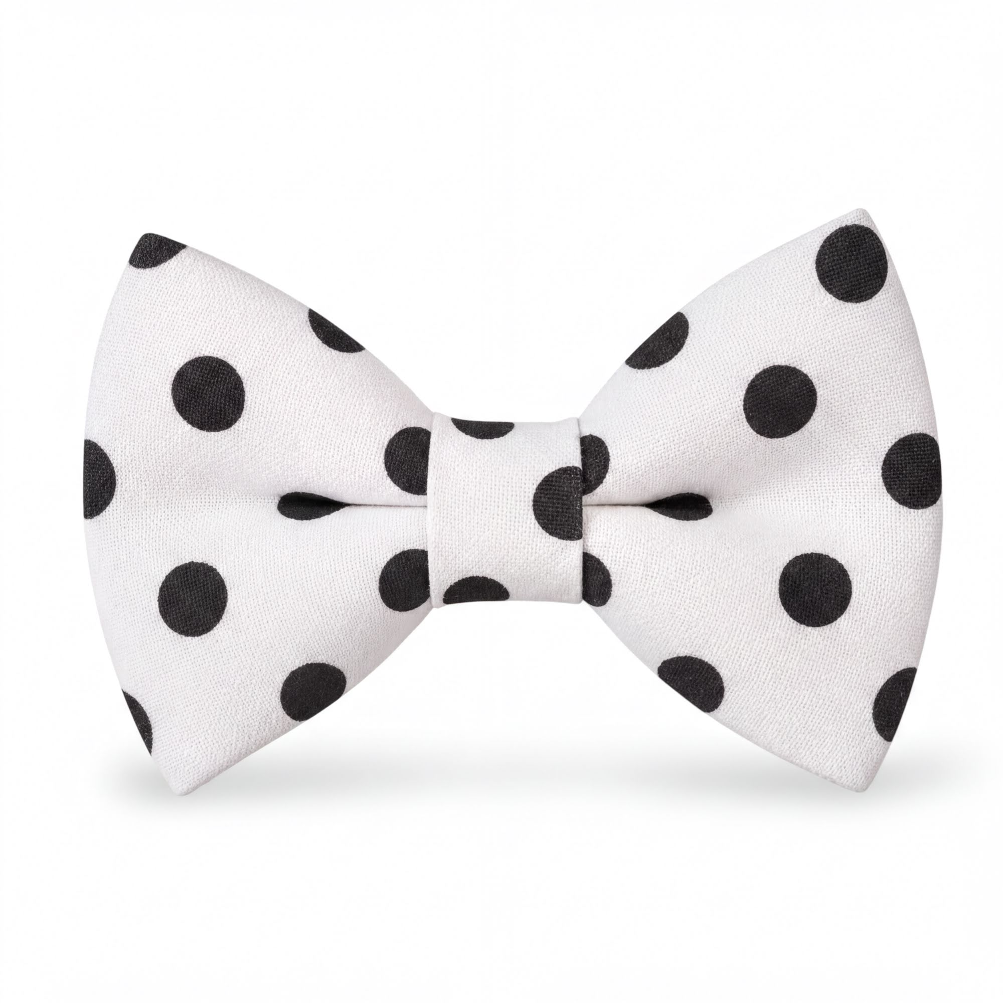 Polka dot bowtie for men boys and toddlers in white with black dots.