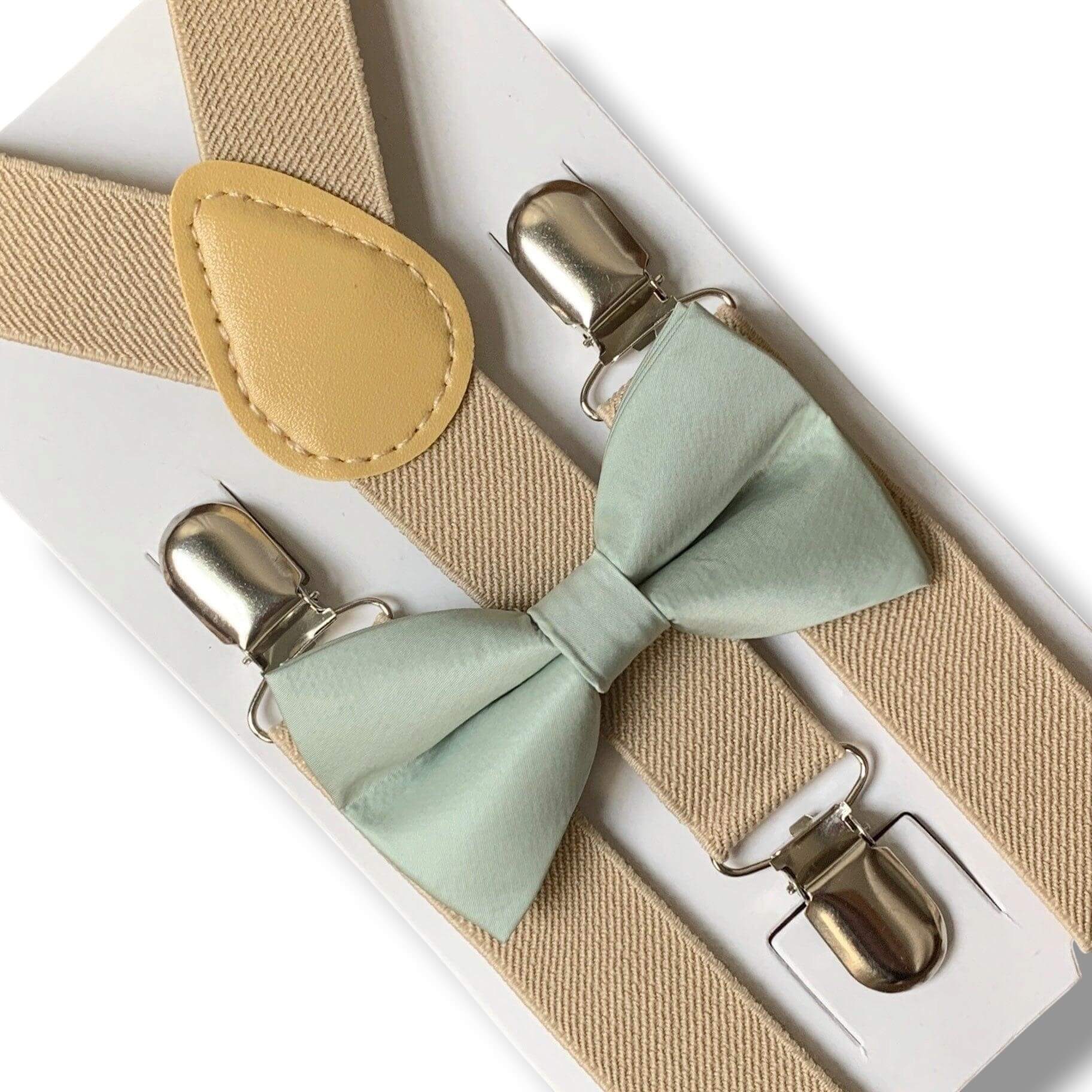 Sage bow tie and suspenders for men boys and babies for wedding attire.