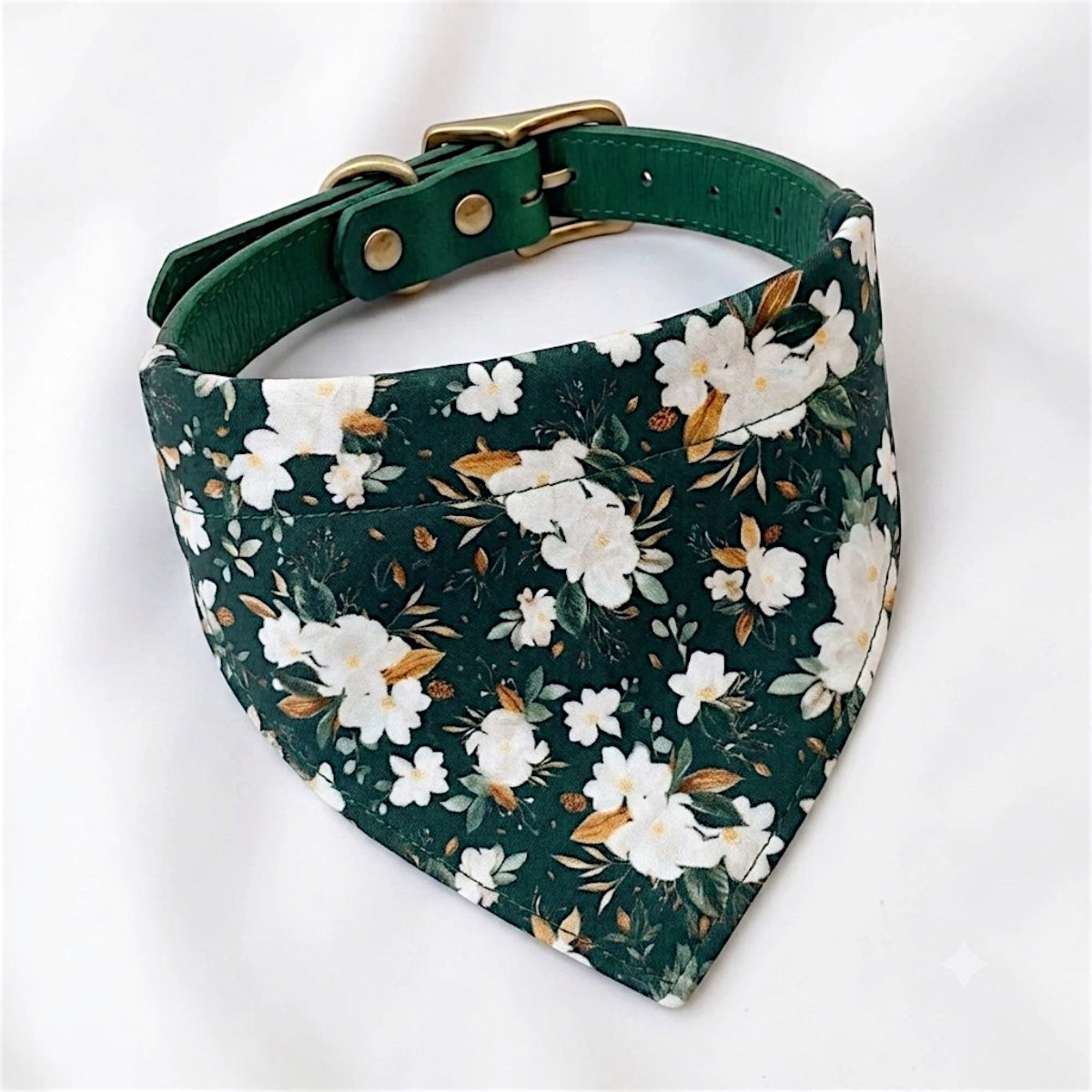 A green dog collar with a floral print pattern.