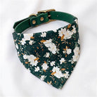 A green dog collar with a floral print pattern.