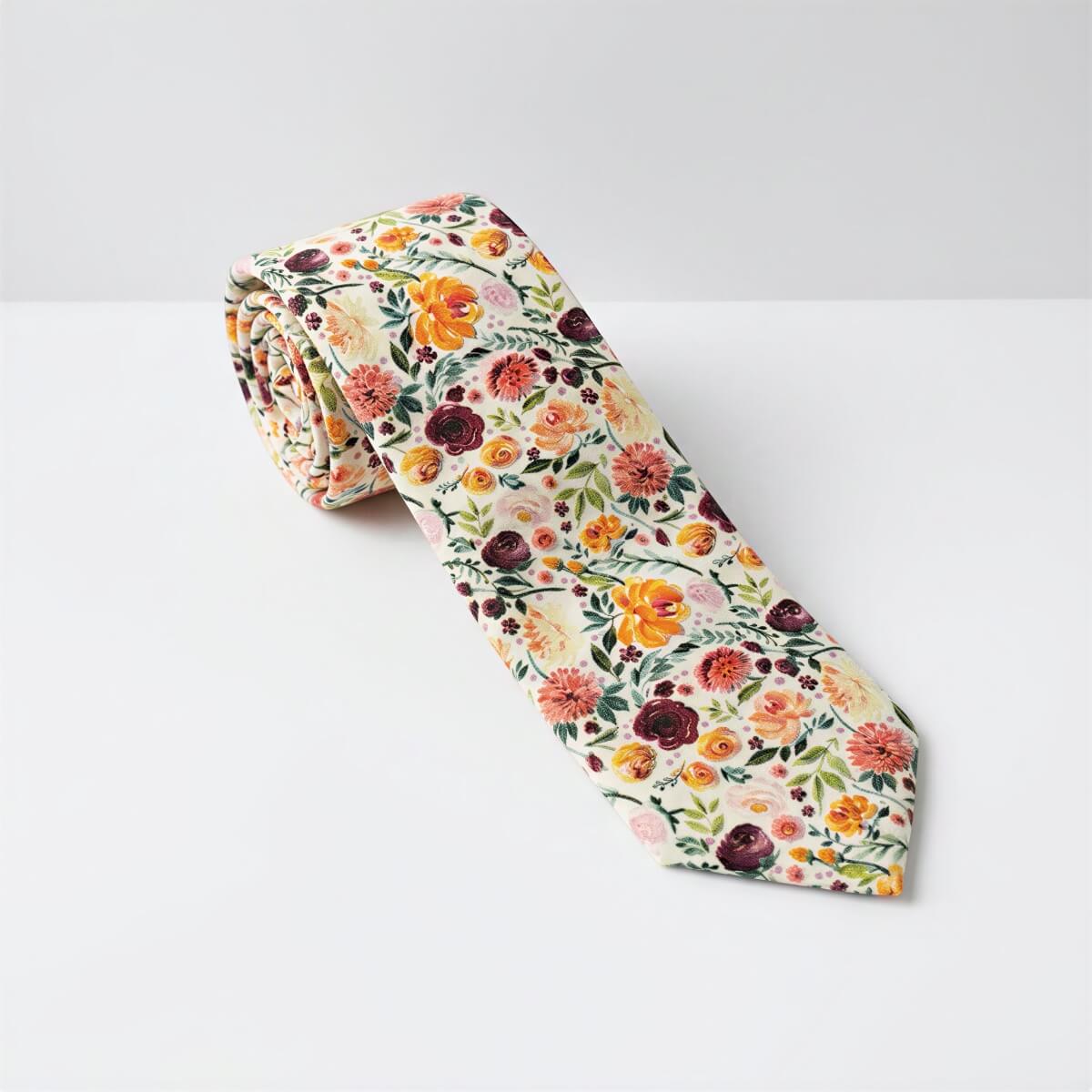 A tie for men with a floral print pattern in various colors, including orange, pink, and green, is displayed against a white background.