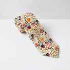 A tie for men with a floral print pattern in various colors, including orange, pink, and green, is displayed against a white background.