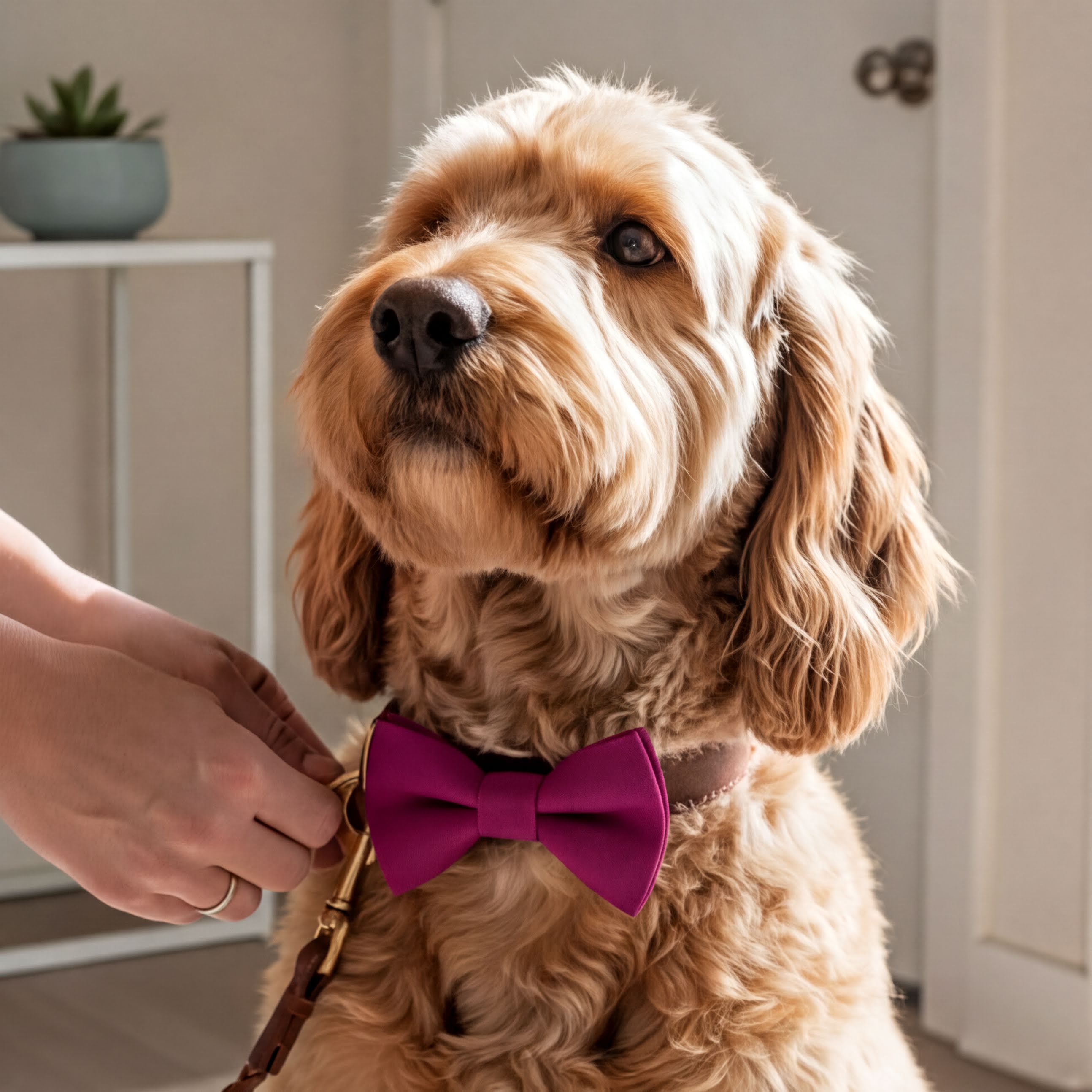 A golden retriever wearing a pink bow tie is being fitted with a leash by a person's hands.