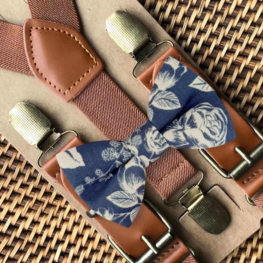 Steel blue floral bow tie and suspenders for a wedding, groomsmen, wedding party and ring bearers.