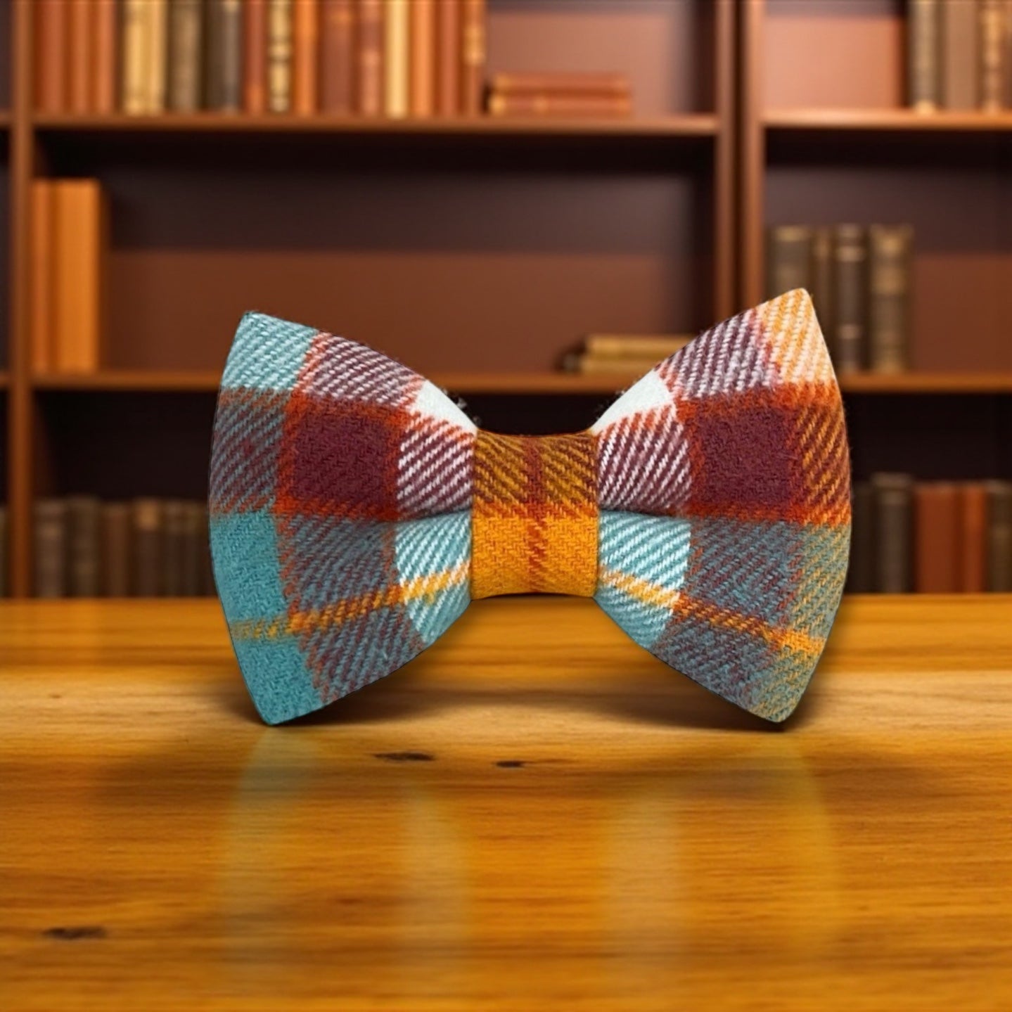 Fall Plaid Bow Tie - Orange and Blue Tartan in a library 