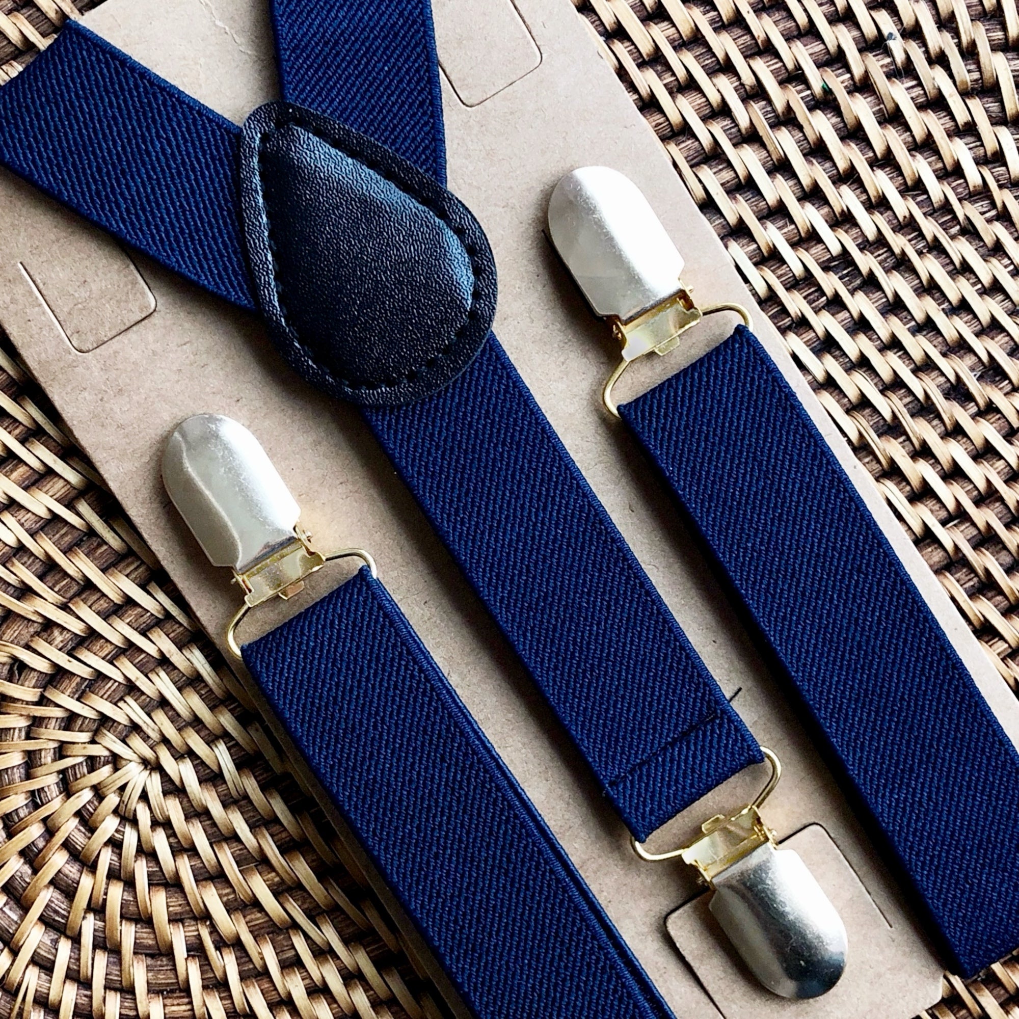 Navy Suspenders- Navy Blue Elastic With Silver Clips for wedding, groomsmen, and ring bearer.