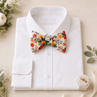 Floral Bowtie for Men, Toddlers and Boys, Garden Wedding Bowtie On a white dress shirt with wedding rings.