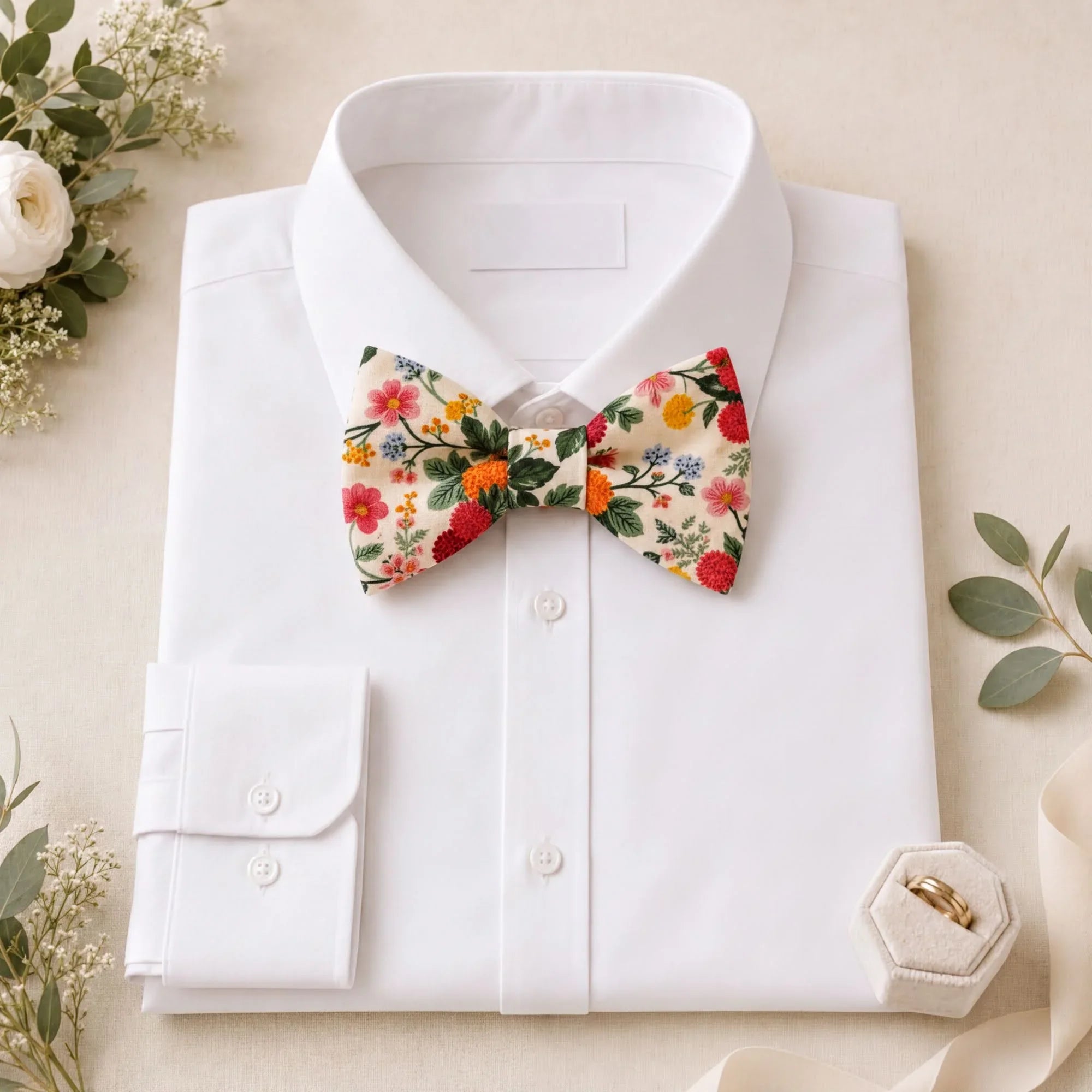 Floral Bowtie for Men, Toddlers and Boys, Garden Wedding Bowtie On a white dress shirt with wedding rings.