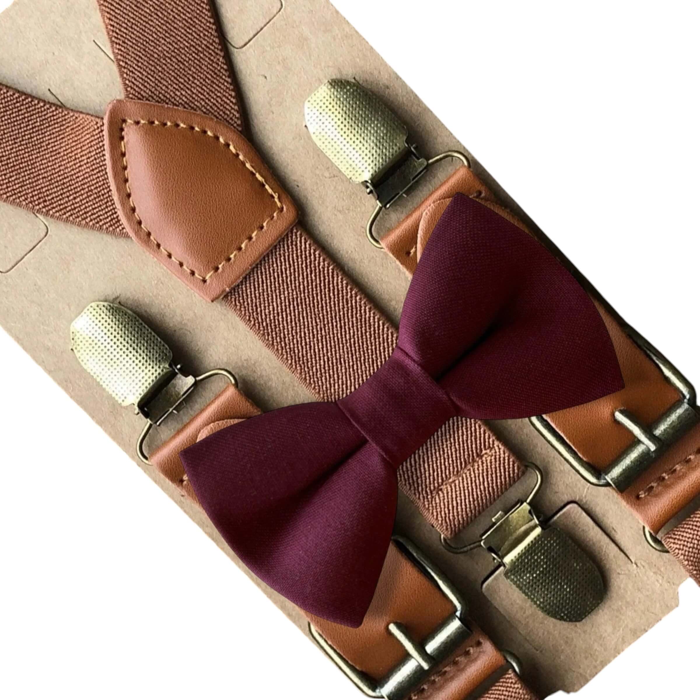 Cabernet bow tie and suspenders for men, boys, toddlers and babies.
