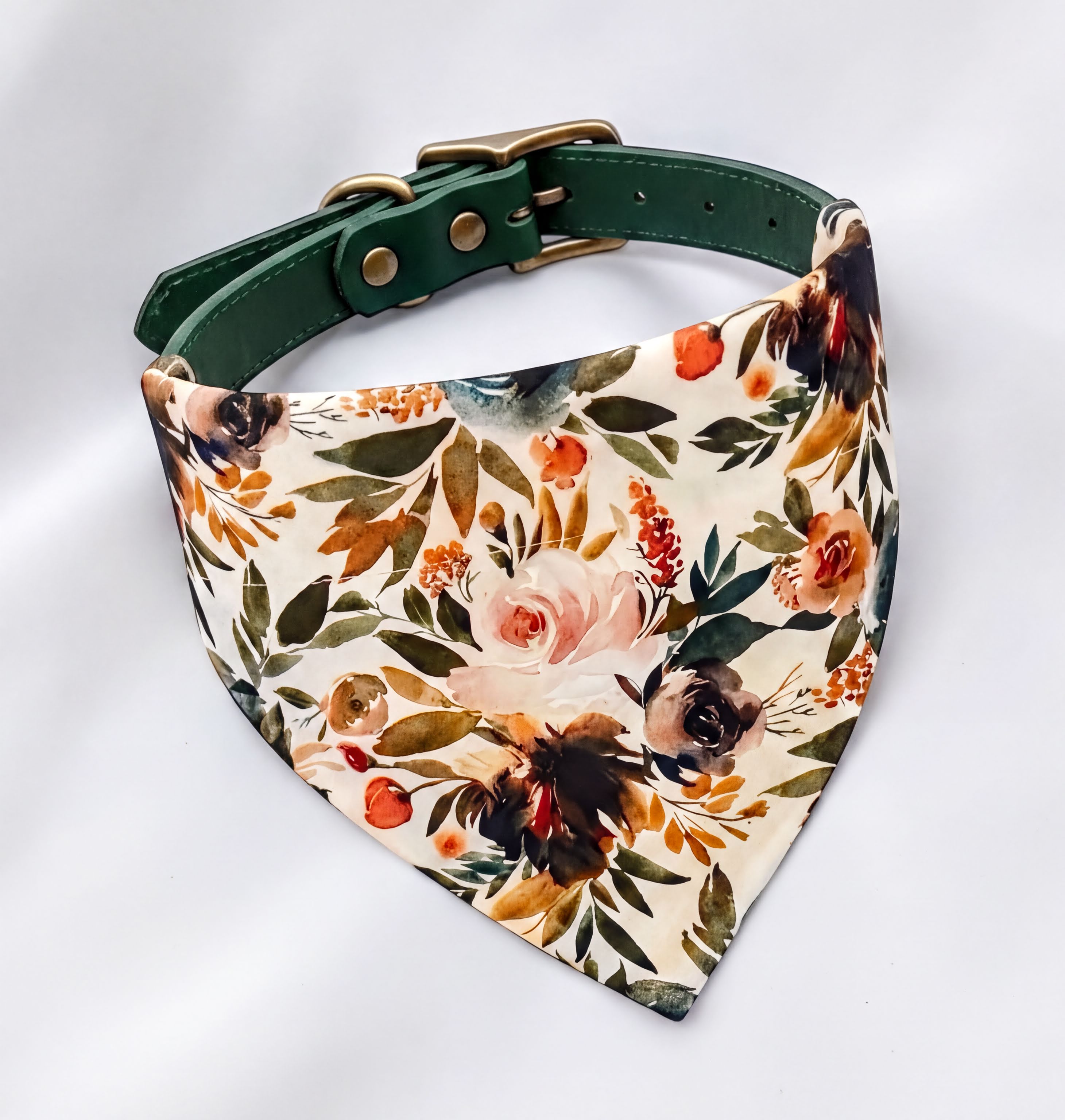 Ivory and terracotta floral dog bandana with a slip-on over the collar design