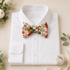 Floral Bowtie for Men, Toddlers and Boys, Garden Wedding Bowtie On a white dress shirt with wedding rings.