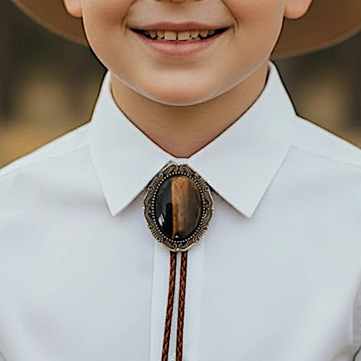 Tigers Eye Kids Bolo Tie for Western Wedding Ring Bearer Gift.