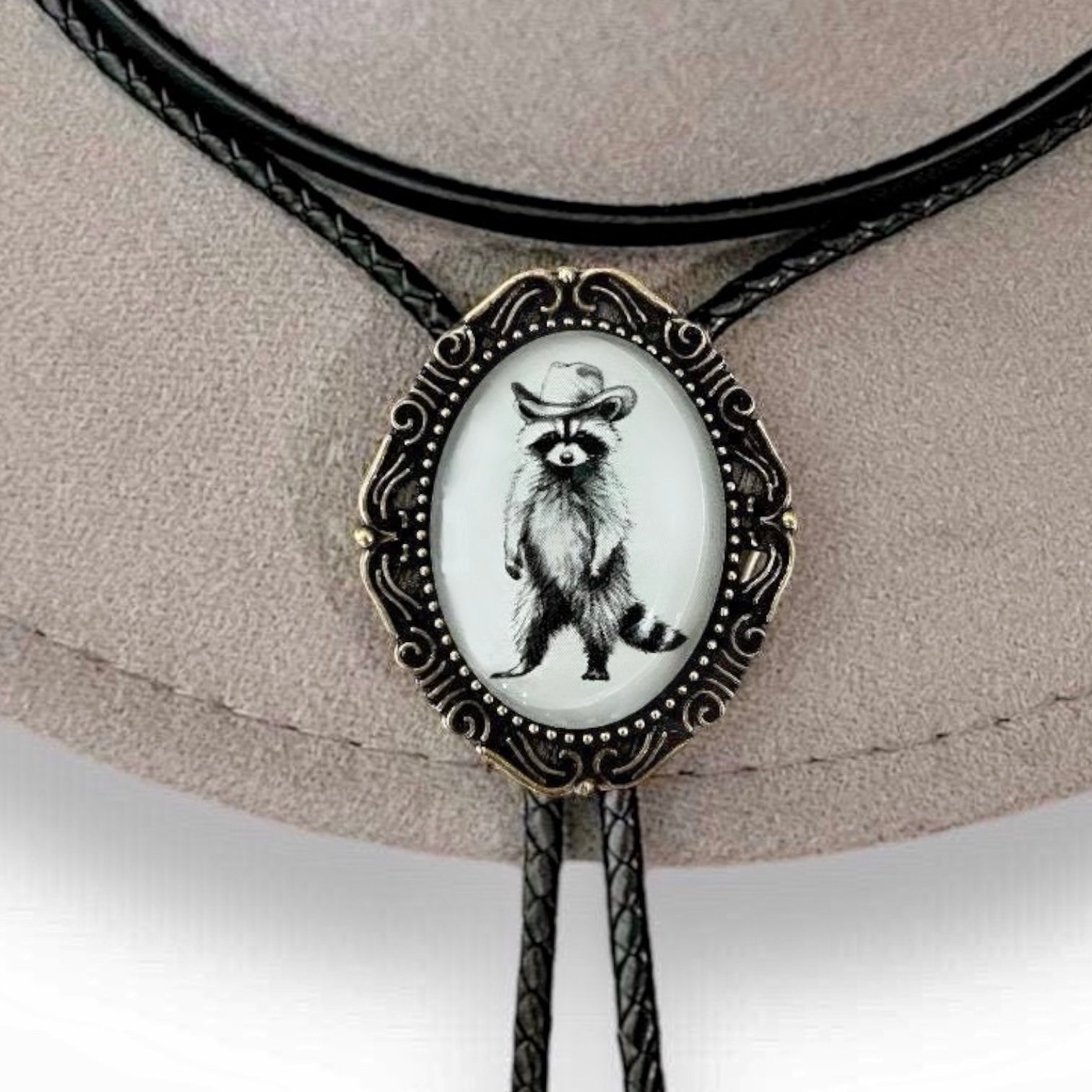 Bolo Tie with Raccoon- Black & Gray