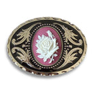 Decorative floral belt buckle with a white rose on a pink background, silver accents, and black border.