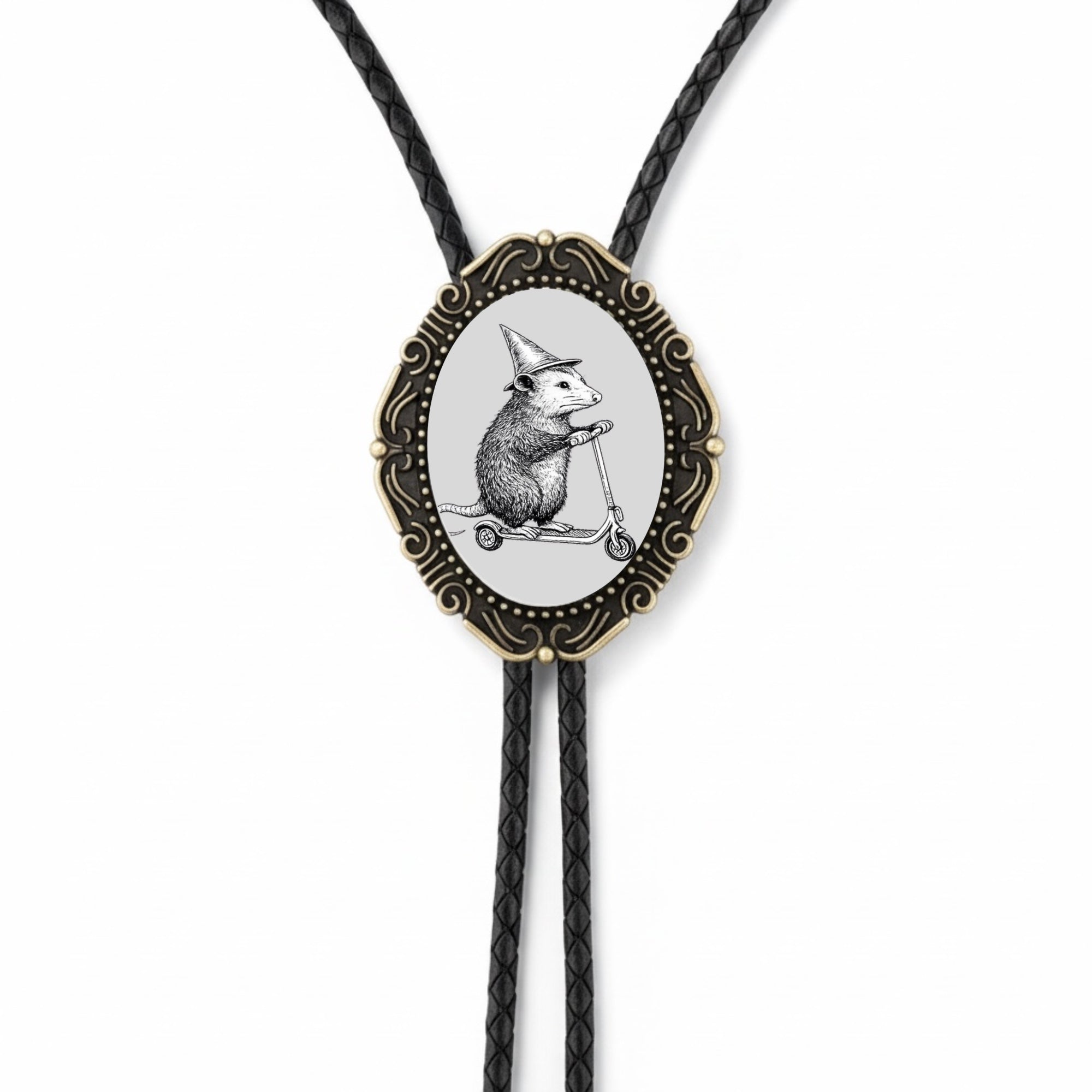 Opossum Animal Bolo Tie Genuine Leather Silver Brass Tips Funny Western Accessory Gift