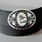 Raccoon Belt Buckle with Violin, Western Accessory on a black leather belt