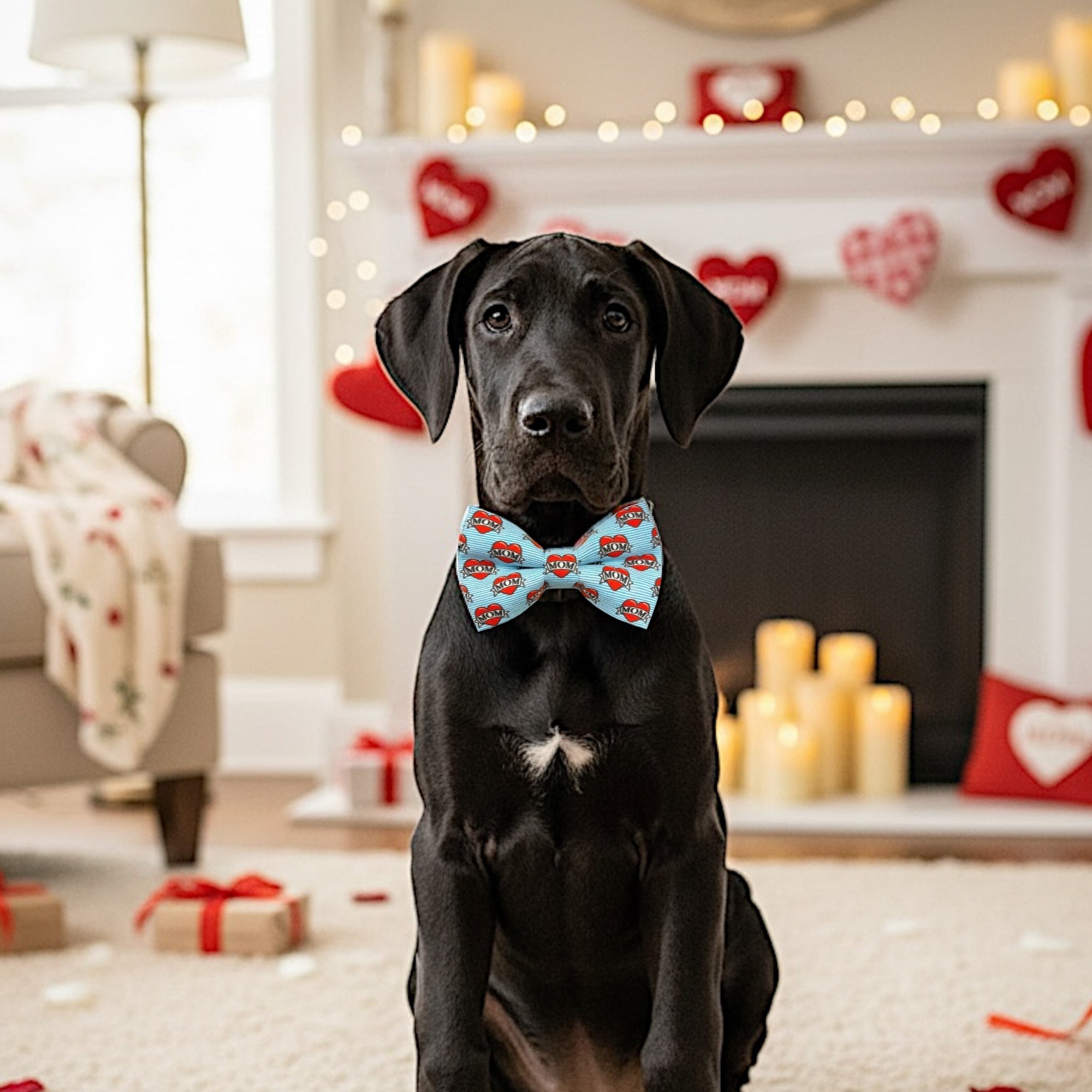 Black dog wearing a blue Valentine’s Day dog bow tie with red hearts in a festive living room.