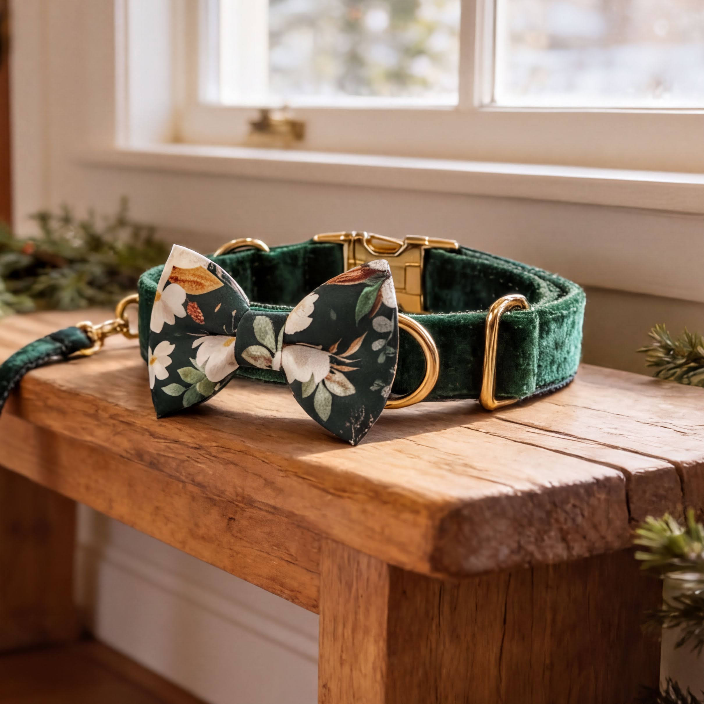 A green velvet dog collar with a gold buckle and a floral bow tie is displayed on a wooden bench.