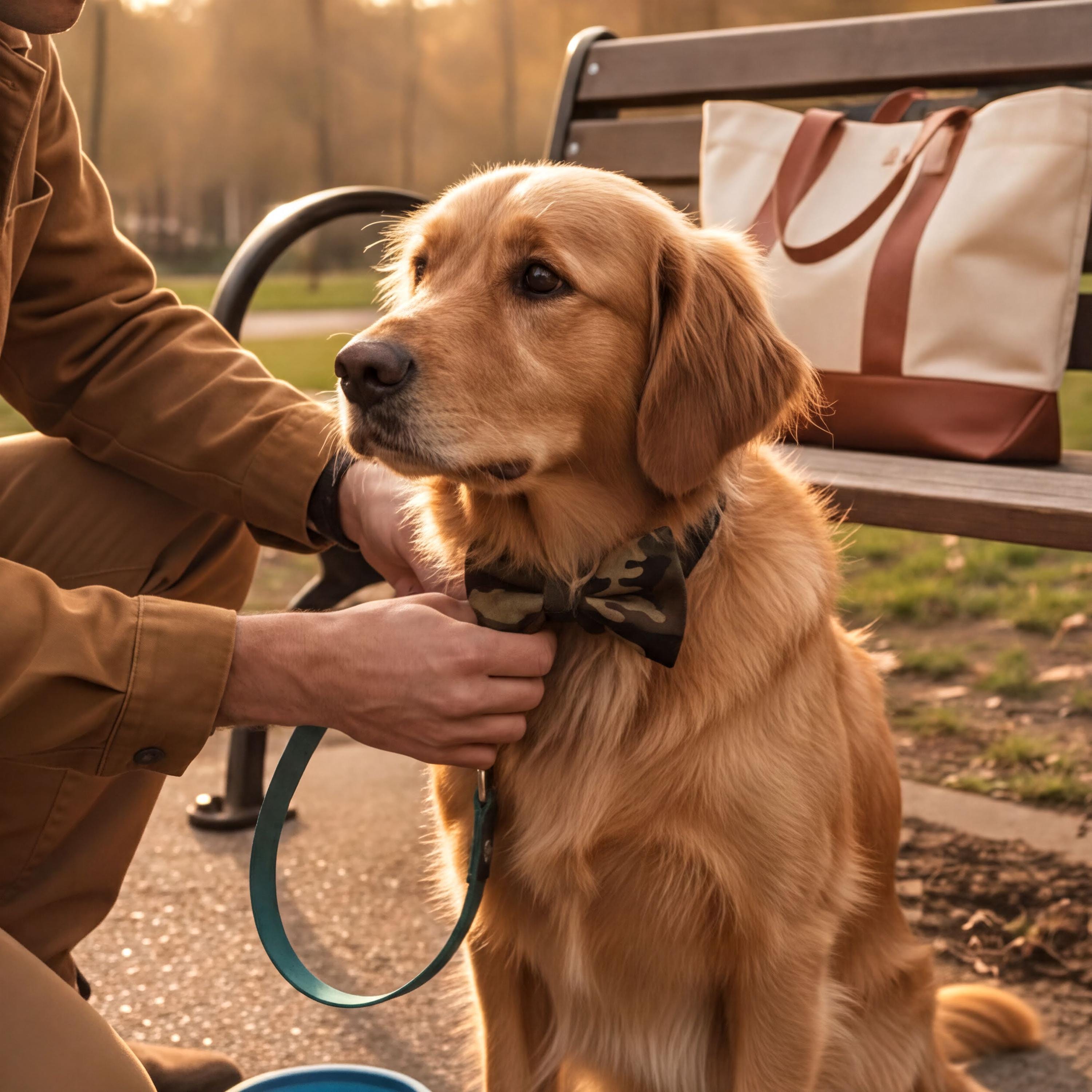 A golden retriever wearing a camouflage bow tie is being fitted by a person in a park setting.