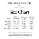The image is a size chart that provides measurements for different bow tie styles, including X-small, small, medium, and big & tall. It is designed to help customers find the right bow tie size based on their age range and waist measurements.
