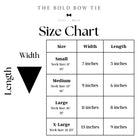 Size chart for dog bandanas from The Bold Bow Tie detailing measurements for Small, Medium, Large, and X-Large sizes. Small fits neck sizes 11 to 13 inches with a width of 7 inches and length of 5 inches. Medium fits neck sizes 13 to 16 inches with a width of 9 inches and length of 6 inches. Large fits neck sizes 16 to 21 inches with a width of 11 inches and length of 8 inches. X-Large fits neck sizes 21 to 25 inches with a width of 13 inches and length of 9 inches.