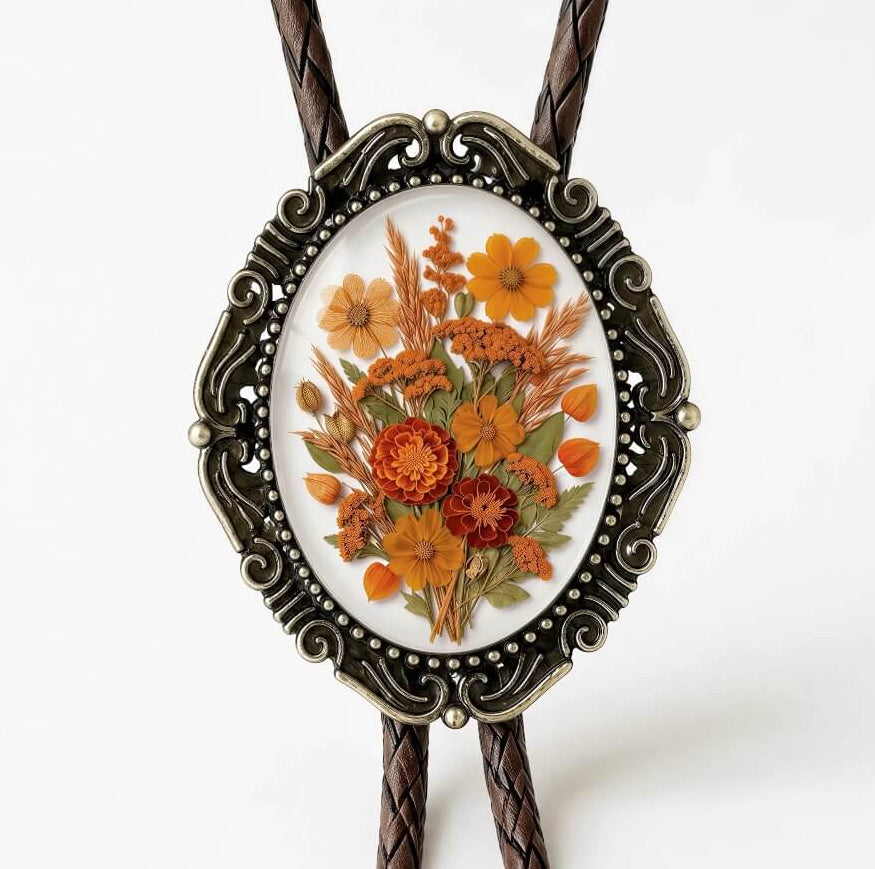 A decorative oval-shaped pendant featuring a vibrant arrangement of orange and yellow flowers against a white background.