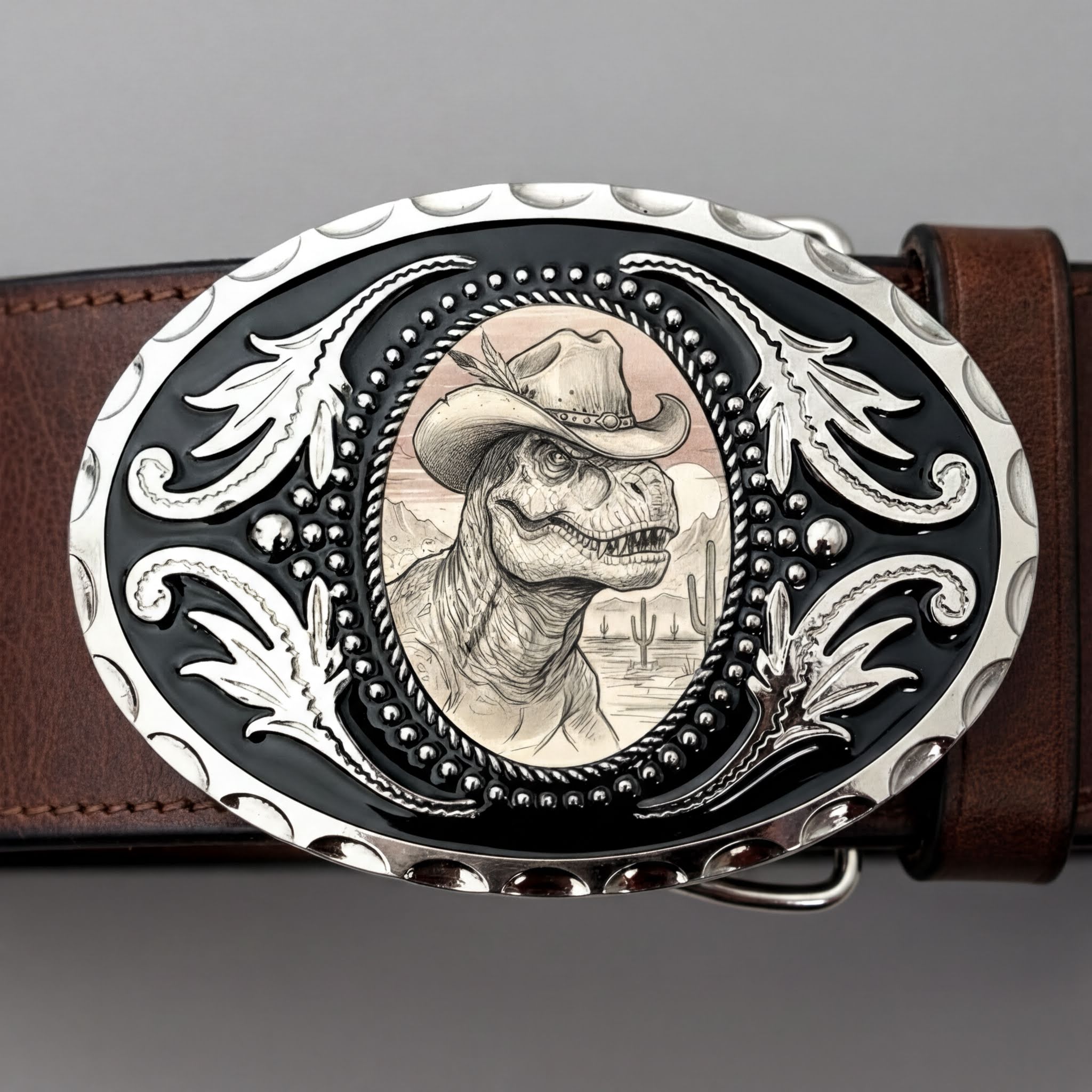 Two options for belt buckles: Option 1 has a leaf pattern and option 2 has flowers on it