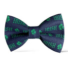 St. Patrick’s Day Navy blue bow tie with green shamrock patterns and 'IRISH' text on a white background