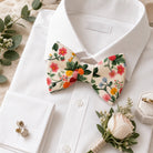 Floral Bowtie for Men, Toddlers and Boys, Garden Wedding Bowtie On a white dress shirt and groomsmen accessories.