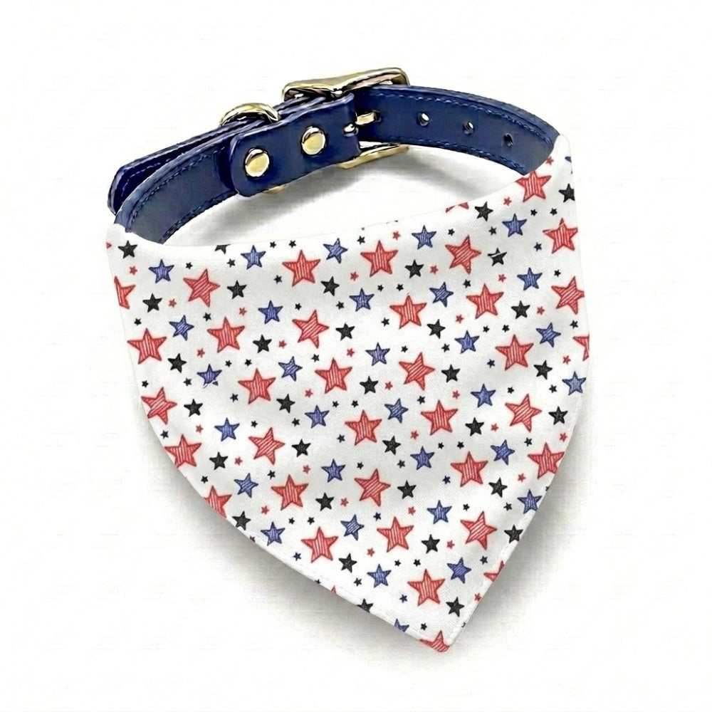 Fourth of July Dog Bandana with red white and blue stars on a blue collar.