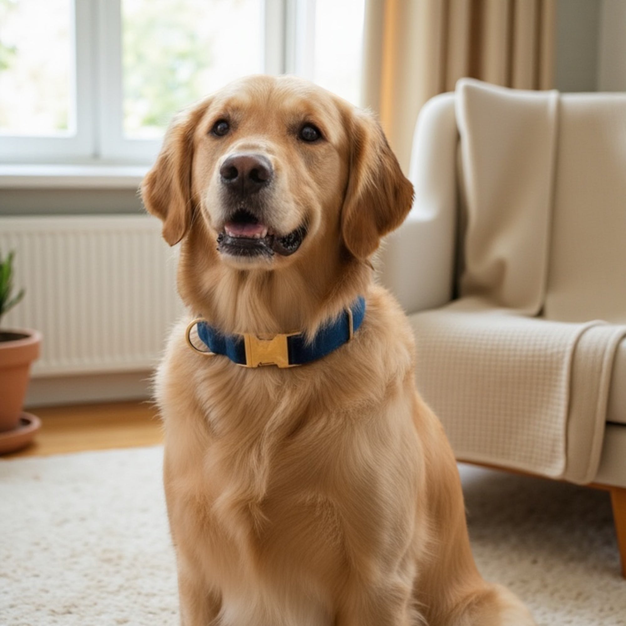 Golden retriever sitting in a living room with a blue velvet dog collar with gold clasps.