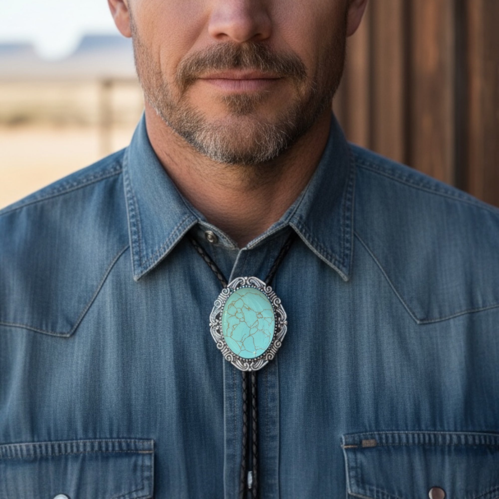 Man wearing a blue denim shirt with a turquoise bolo tie against a blurred outdoor background