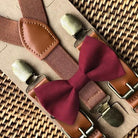 Burgundy Bow Tie & Cognac Brown Suspenders Set for wedding, ring bearer or groomsmen.