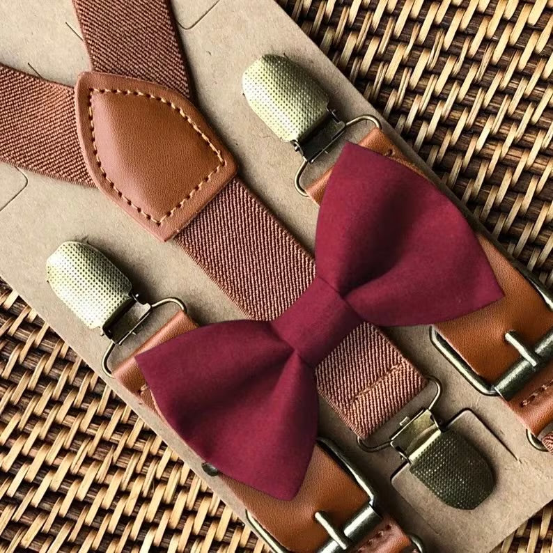 Burgundy Bow Tie & Cognac Brown Suspenders Set for wedding, ring bearer or groomsmen.