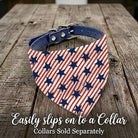 Fourth of July dog bandana shown on a blue dog collar (collar sold separately) with Stars and Stripes in red white and blue.