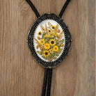Sunflower bolo tie with leather.