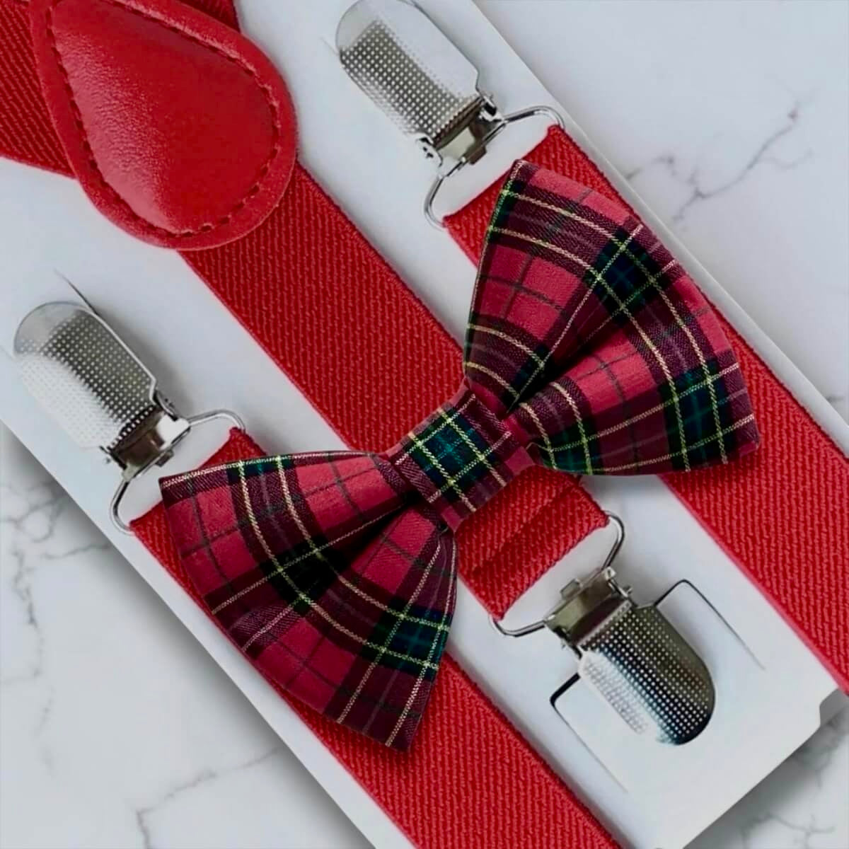 Christmas bow tie and suspenders in red plaid.