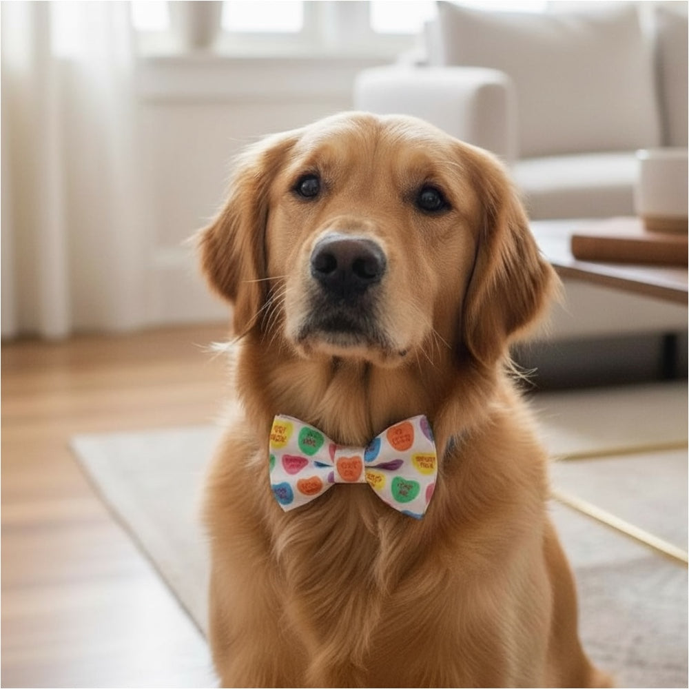 Valentines Day dog bow tie on a golden retriever.