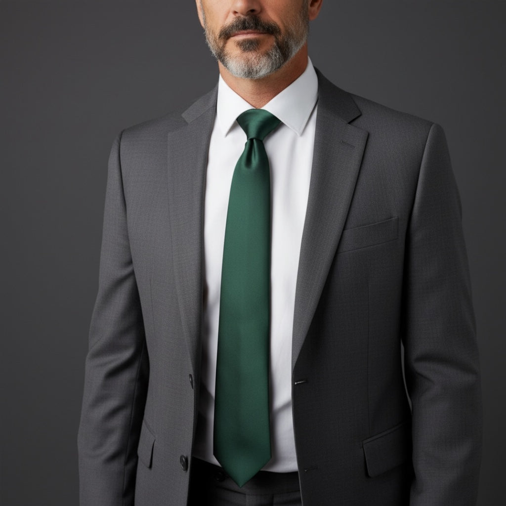 Groomsman wearing a gray suit with an emerald green tie on a dark background