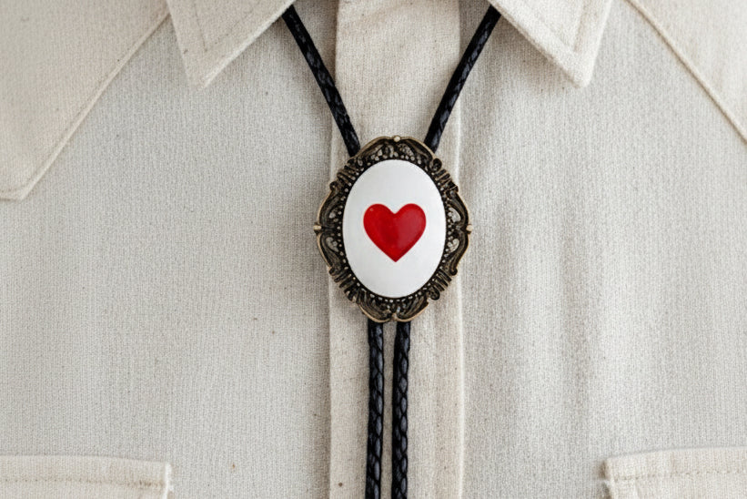 Bolo tie with a red heart design on a beige shirt worn by a man