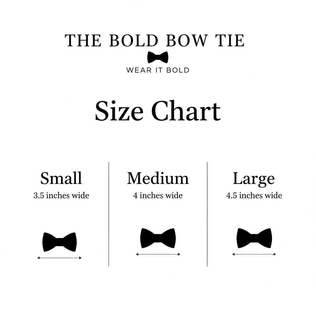 Dog bow tie size chart. Size Small is 3 1/2 inches wide for small dogs under 15 lbs. Size Medium is 4 inches wide for medium dogs between 15 band 40 lbs. Size Large is 4 1/2 inches wide for Large Dogs between 40 lbs and 80 lbs. Sizing is up to preference and pet bow ties slide on to dog collars with elastic.