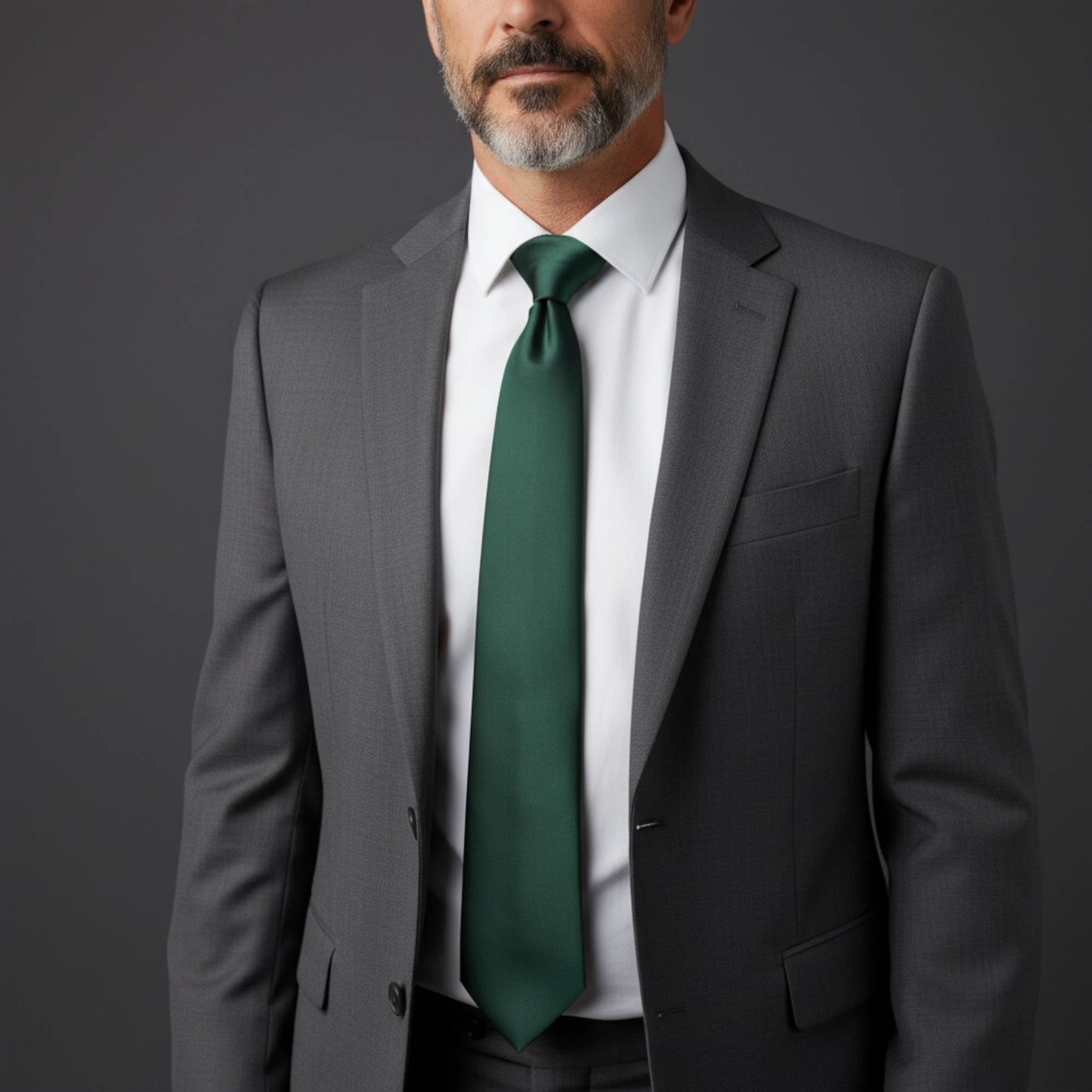 Man wearing a gray suit with an emerald green tie on a dark background