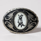 Raccoon Belt buckle with raccoon illustration wearing a cowboy hat on a white background