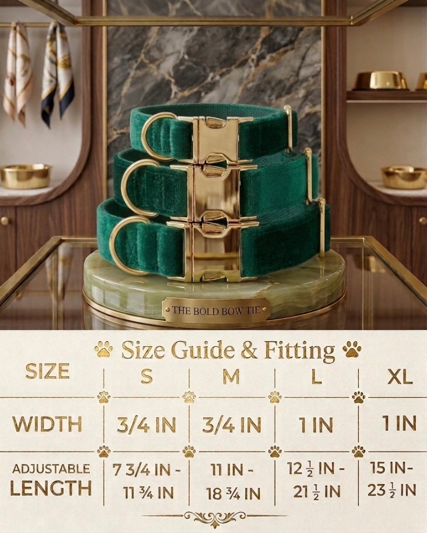 Velvet dog collars with gold buckle hardware arranged above a sizing chart. The chart details four sizes: Small has a width of 3/4 inch and an adjustable length of 7 3/4 to 11 3/4 inches. Medium has a width of 3/4 inch and an adjustable length of 11 to 18 3/4 inches. Large has a width of 1 inch and an adjustable length of 12 1/2 to 21 1/2 inches. Extra Large has a width of 1 inch and an adjustable length of 15 to 23 1/2 inches