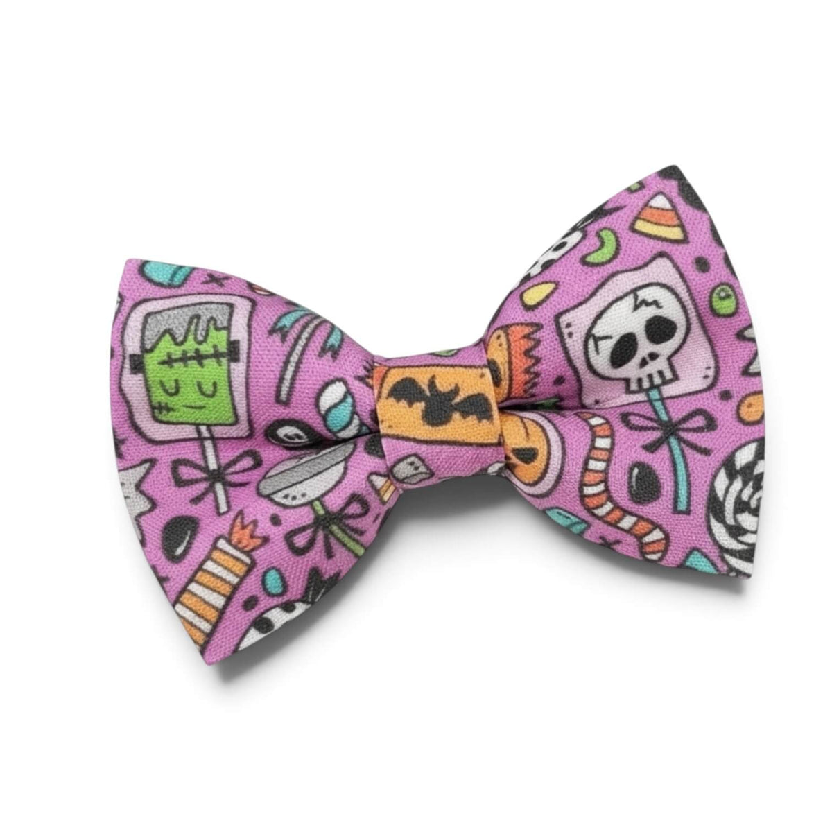 Halloween bowtie with candy in purple, pre-tied and adjustable.