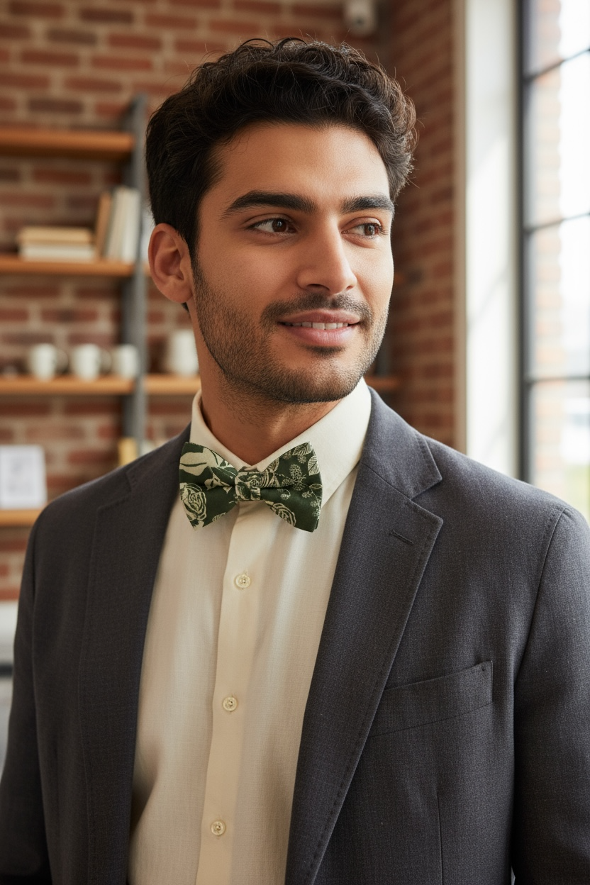 Olive floral bow tie for groomsmen being worn by a groomsman in a wedding.