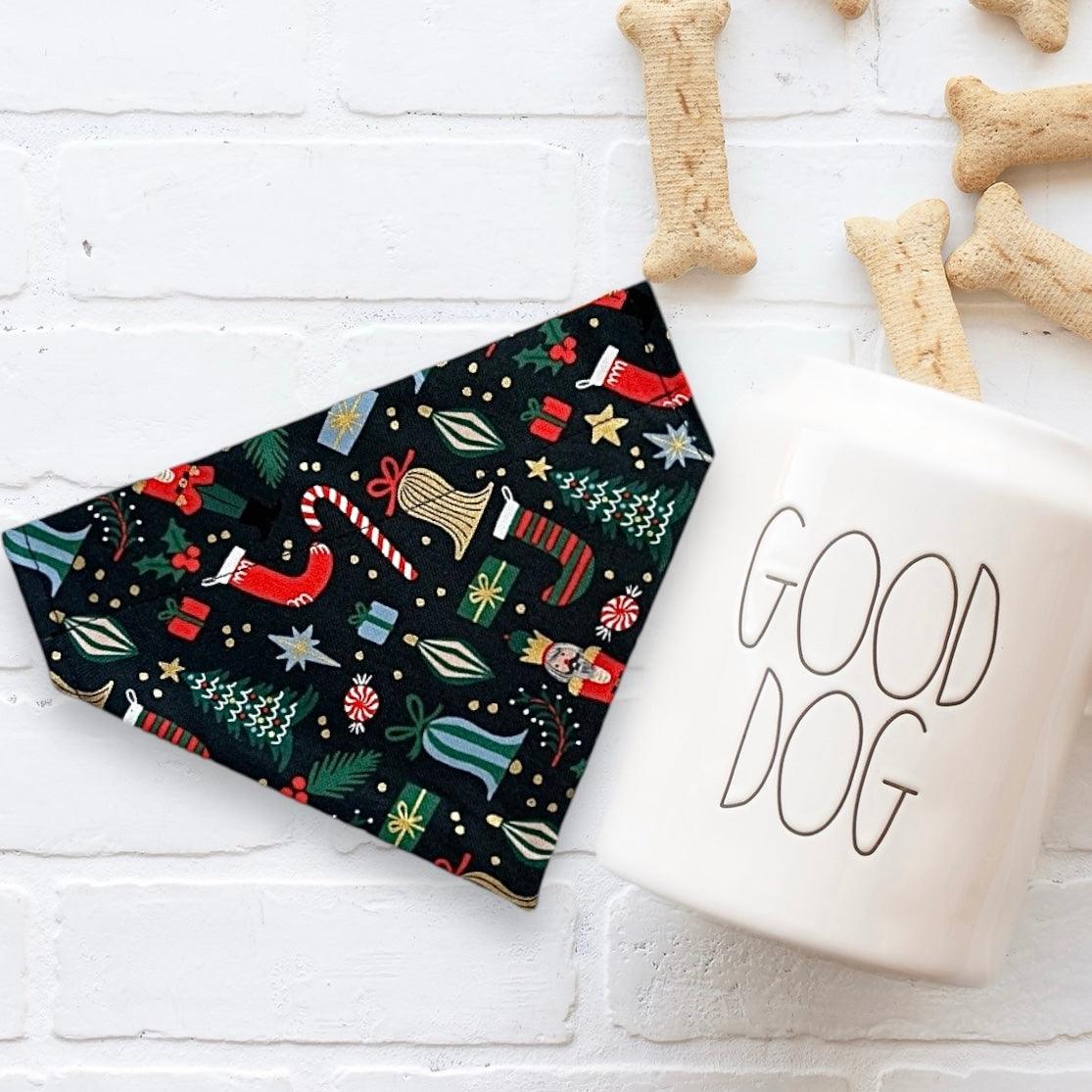 Nutcracker Christmas dog bandana in black, red and green with fabric from the Rifle Paper co.