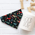 Nutcracker Christmas dog bandana in black, red and green with fabric from the Rifle Paper co.
