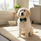 White dog wearing a green clover dog bow tie sitting on a carpet in a bright living room.